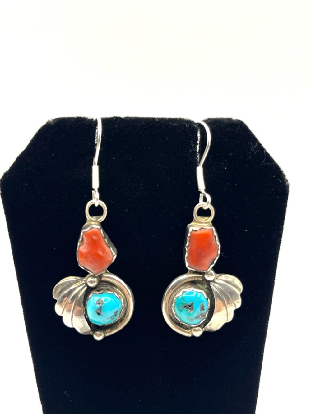 Vintage Coral and Turquoise Shell Motif Drop Earrings - Vintage Sterling Silver